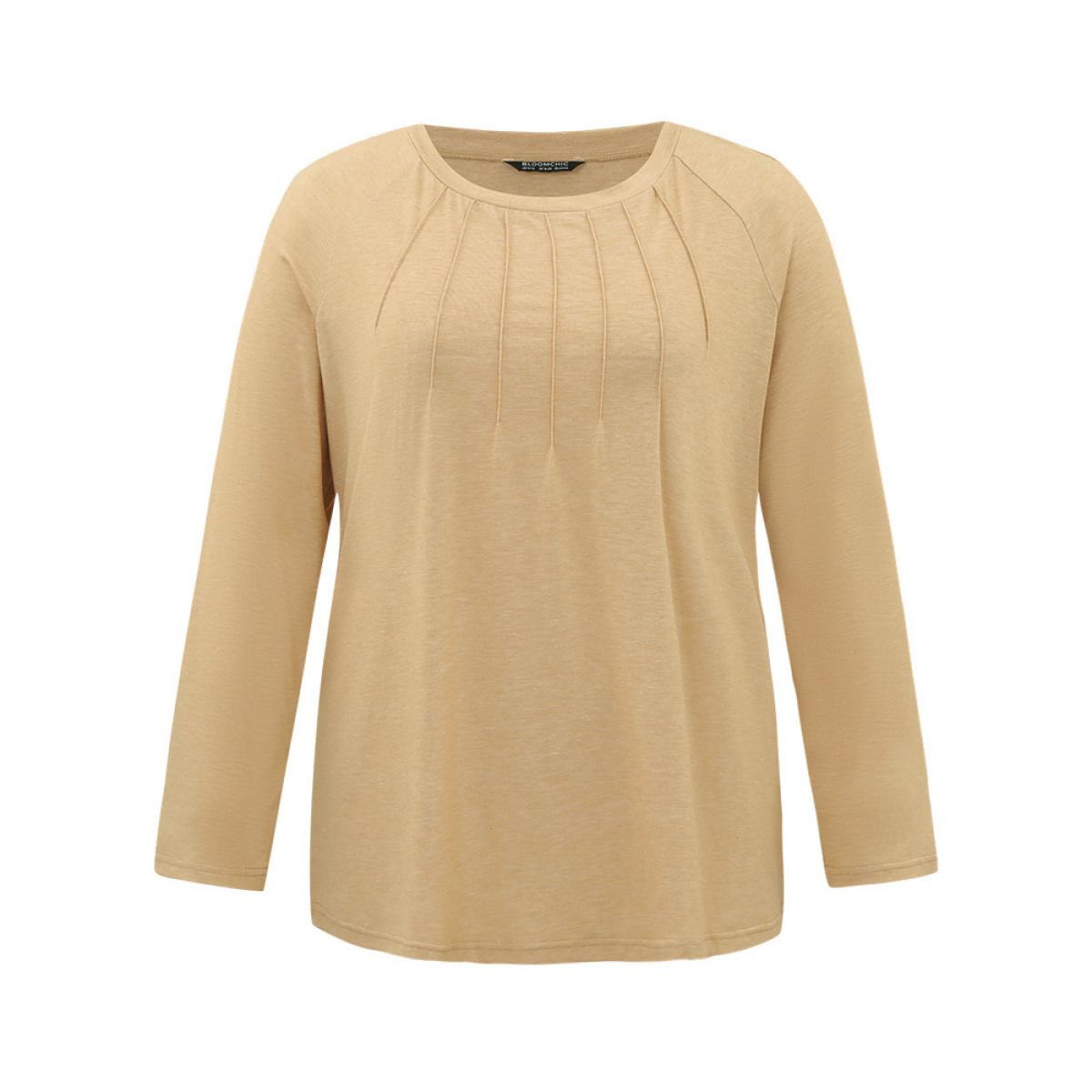 Plus Size Solid Pleated Raglan Sleeve Crew Neck T-shirt Tan Women Casual Plain Plain Round Neck Dailywear T-shirts BloomChic 12/L Product Image
