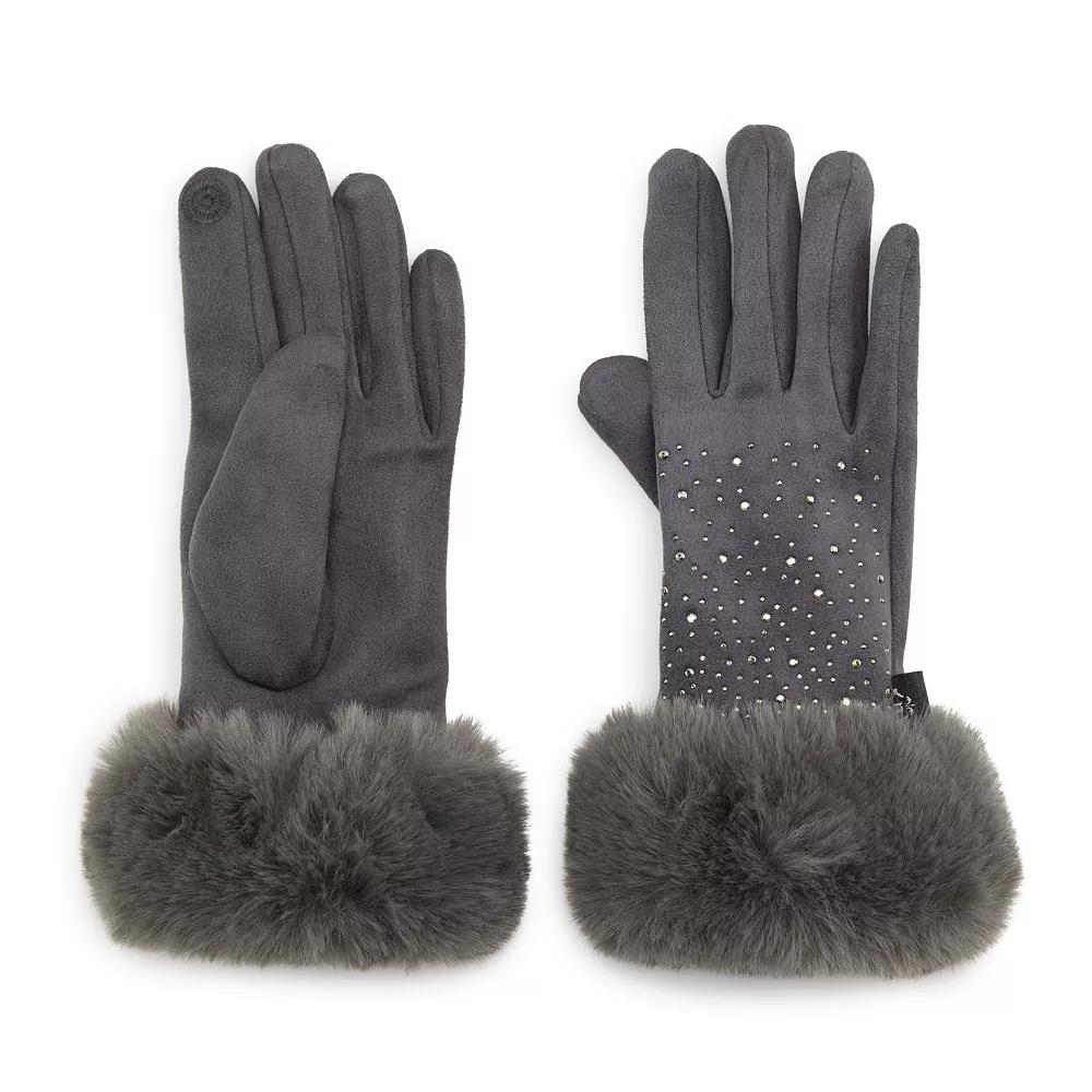 Women's Nanette Lepore Faux Fur-Trimmed Classic Bedazzled Touchscreen-Compatible Gloves, Gray Product Image