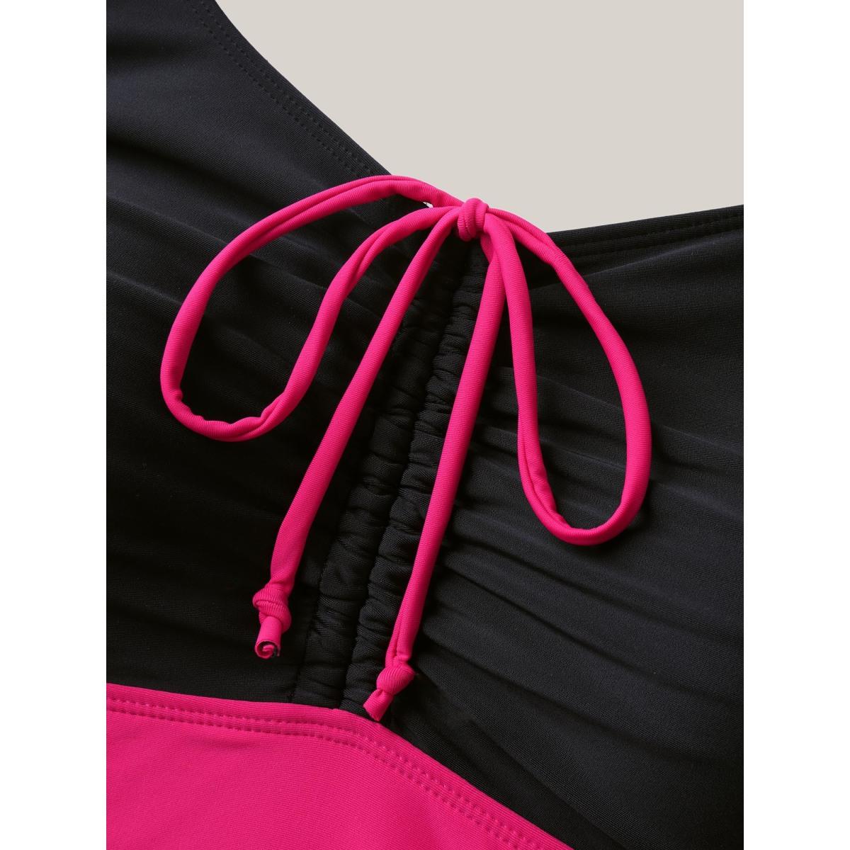 Plus Size Color Contrast Floral Drawstring Swim Dress Women's Swimwear Rosered Beach Bodycon Heart neckline High stretch Curve Swim Dresses BloomChic 12/L Product Image