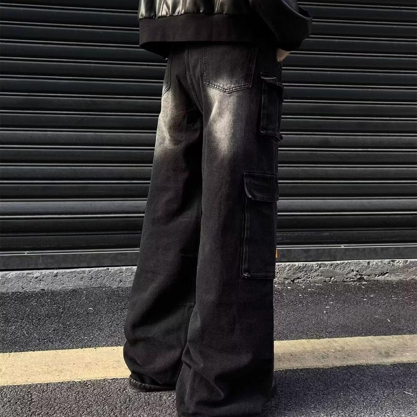 High Waist Washed Pocket Detail Wide Leg Jeans Product Image