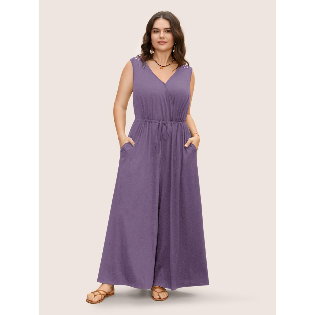 Plus Size Mauve V Neck Crocheted Cut Out Jumpsuit Women Resort Sleeveless V-neck Vacation Loose Jumpsuits BloomChic 14-16/1X Product Image