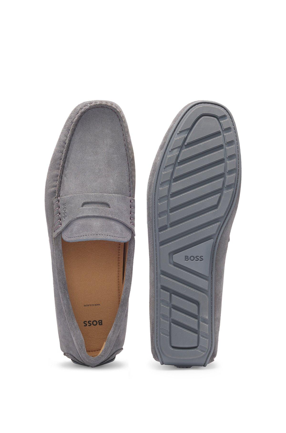 BOSS - Portuguese-crafted moccasin loafers in suede with penny trim - Grey Product Image