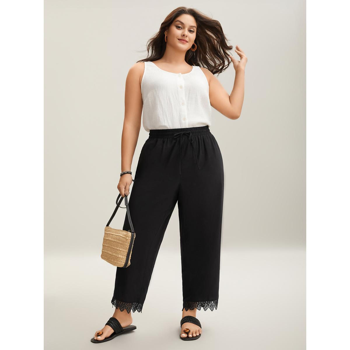 Plus Size Drawstring Scalloped Lace Hem Pants Women Black Leisure Straight Leg Mid Rise Casual Pants BloomChic 12/L Product Image