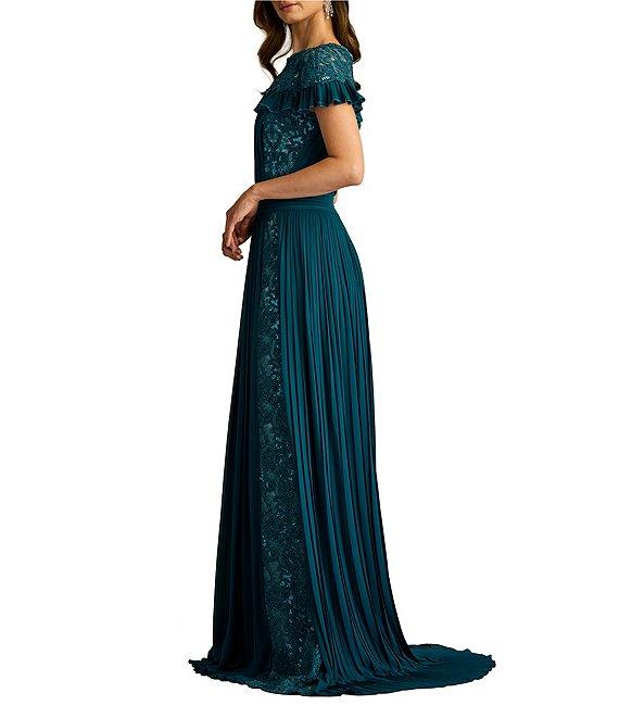 Tadashi Shoji Chiffon Lace Capelet Crew Neck Short Sleeve Pleated Gown Product Image