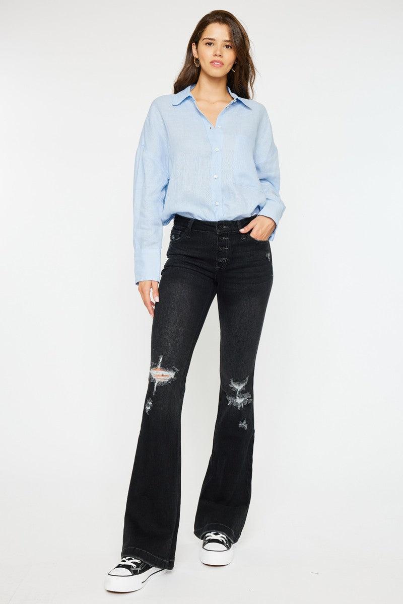 Mid Rise Button Up Flare Jeans Product Image