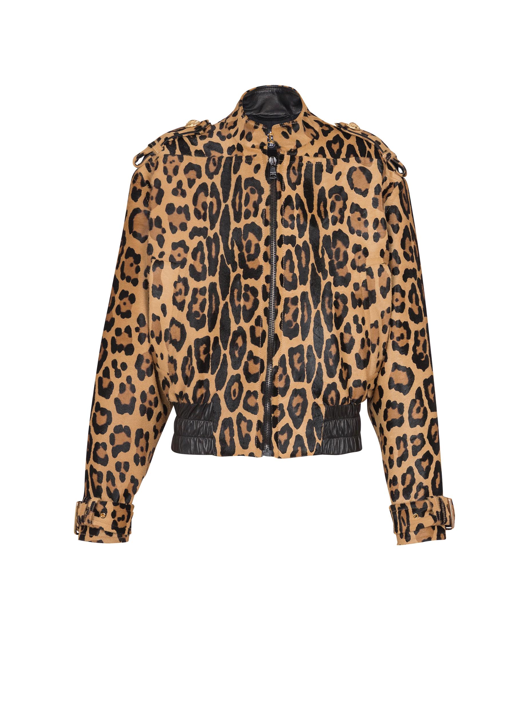 Ponyskin-style leather bomber jacket with leopard pattern Product Image