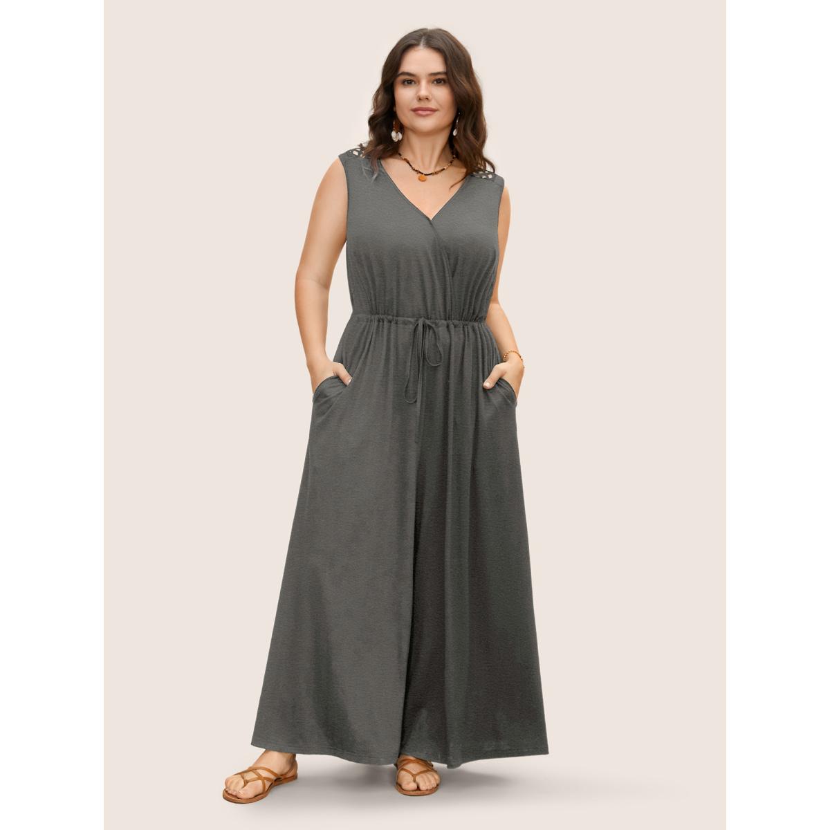 Plus Size DimGray V Neck Crocheted Cut Out Jumpsuit Women Boho Sleeveless V-neck Vacation Loose Jumpsuits BloomChic 10/M Product Image