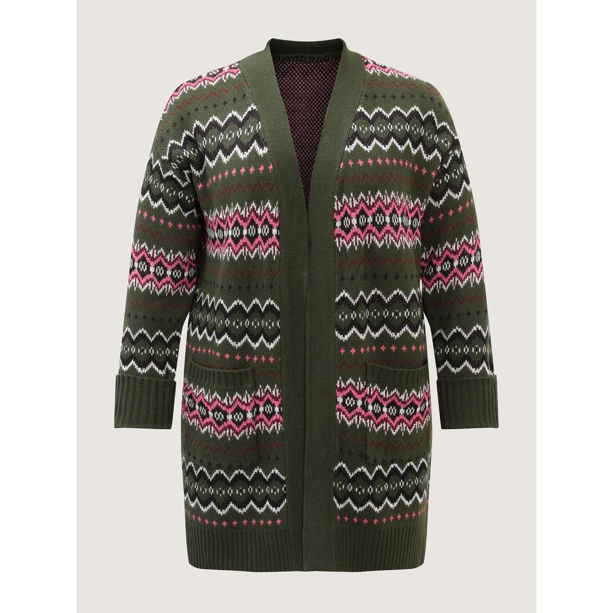 Plus Size Geometric Pattern Pockets Open-Front Cardigan ArmyGreen Women Playful Loose Long Sleeve Casual Cardigans BloomChic 22-24/3X Product Image