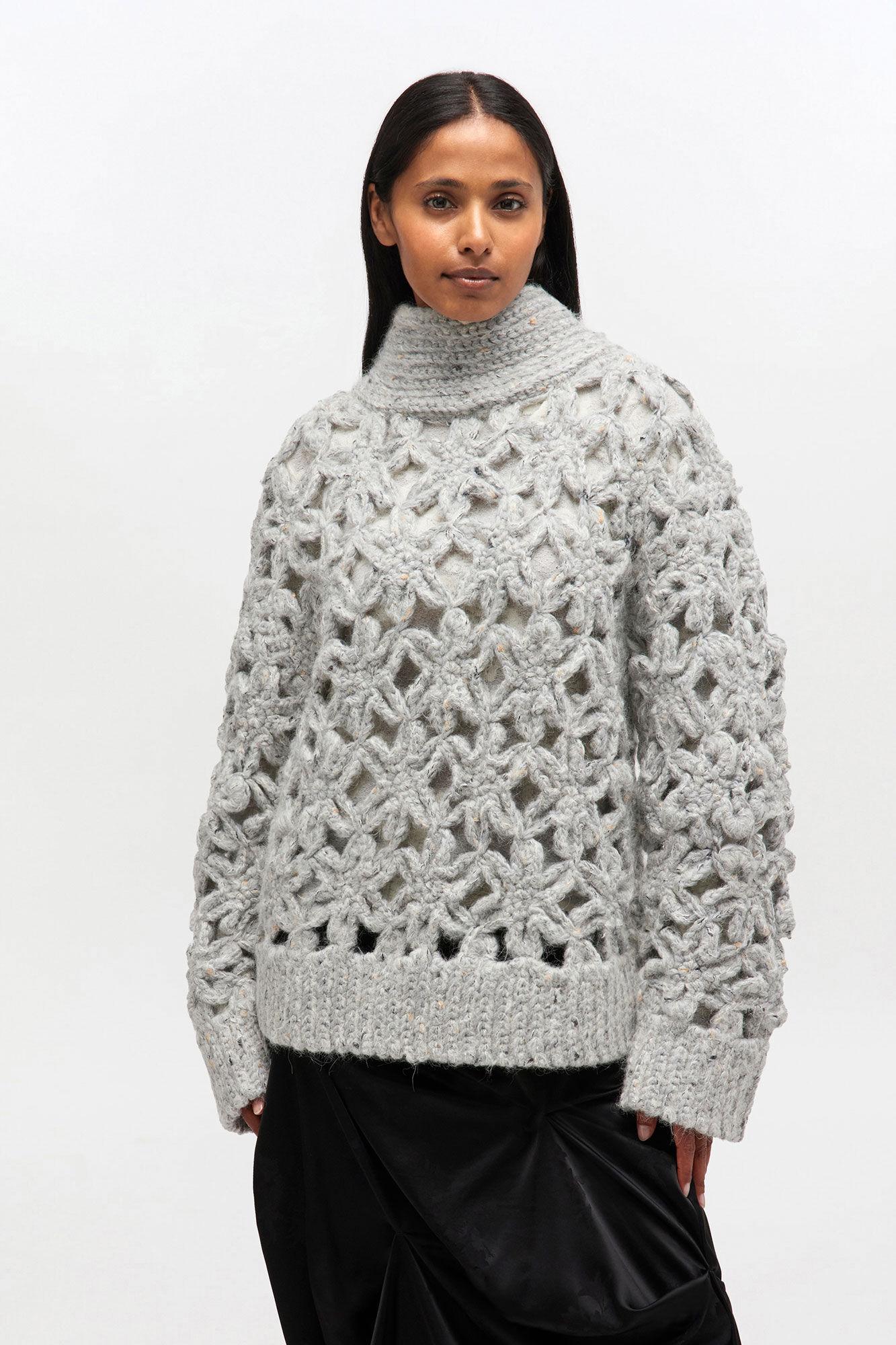Grey Flower Crochet Sweater Product Image