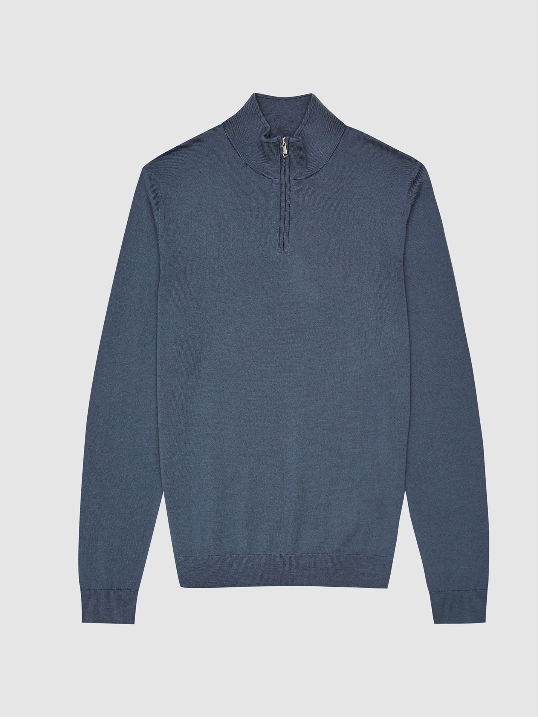 Merino Wool Half-Zip Funnel Neck Jumper in Steel Blue Product Image