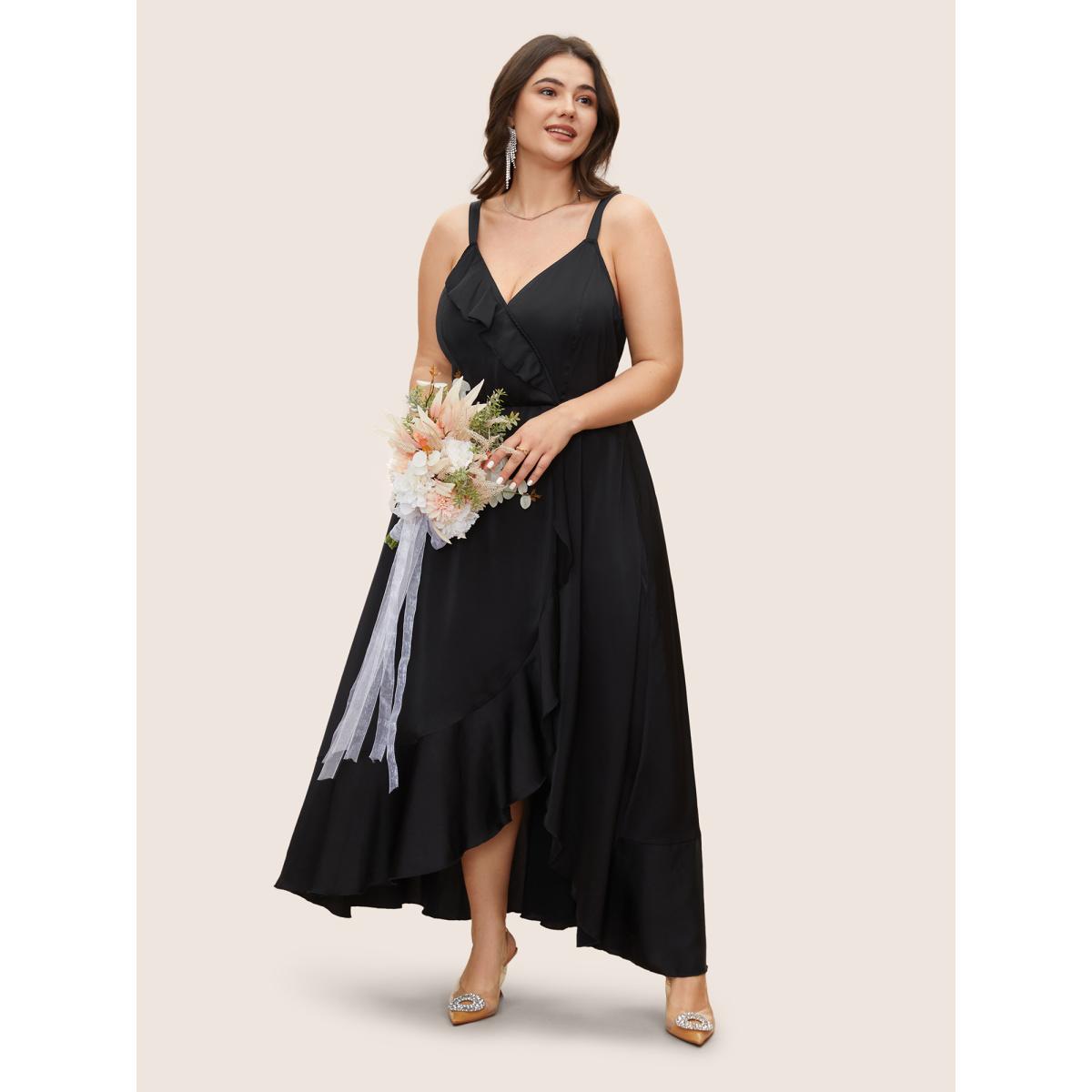 Plus Size Satin Overlap Collar Ruffles Cami Dress Black Women Formal Ruffles V-neck Sleeveless Curvy BloomChic 12/L Product Image