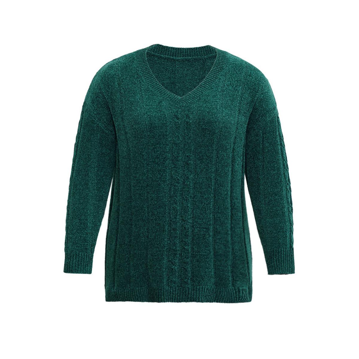 Plus Size Christmas Plain Cable Knit V Neck Pullover Emerald Women Casual Loose Long Sleeve V-neck Festival-Christmas Pullovers BloomChic 30/6X Product Image