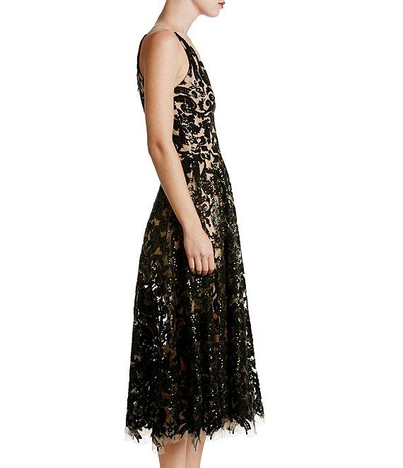 Dress the Population Blair Sequin Embroidered Mesh V-Neck Sleeveless A-Line Midi Dress Product Image