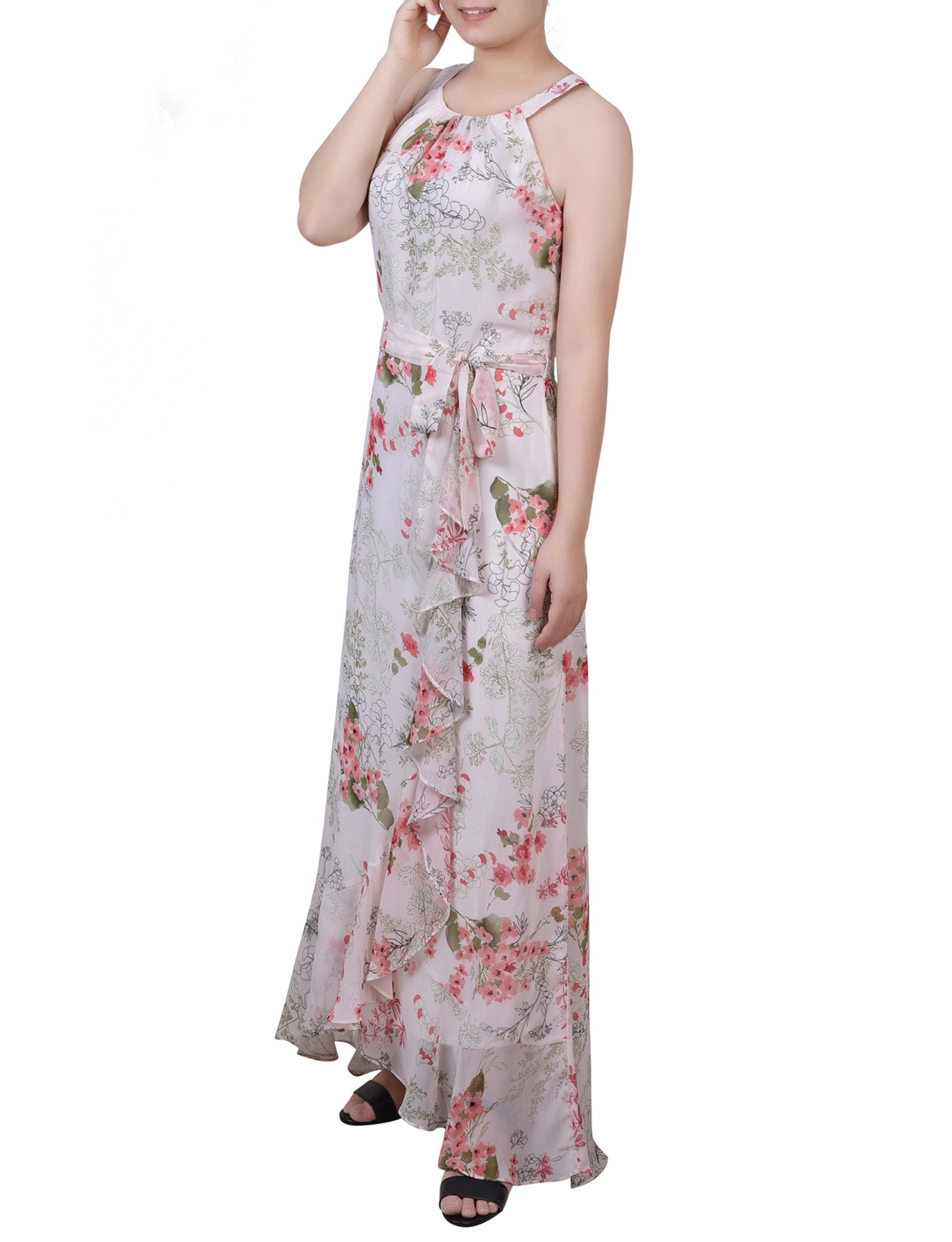 Ivory Floral Halter Front Chiffon Maxi Dress Product Image