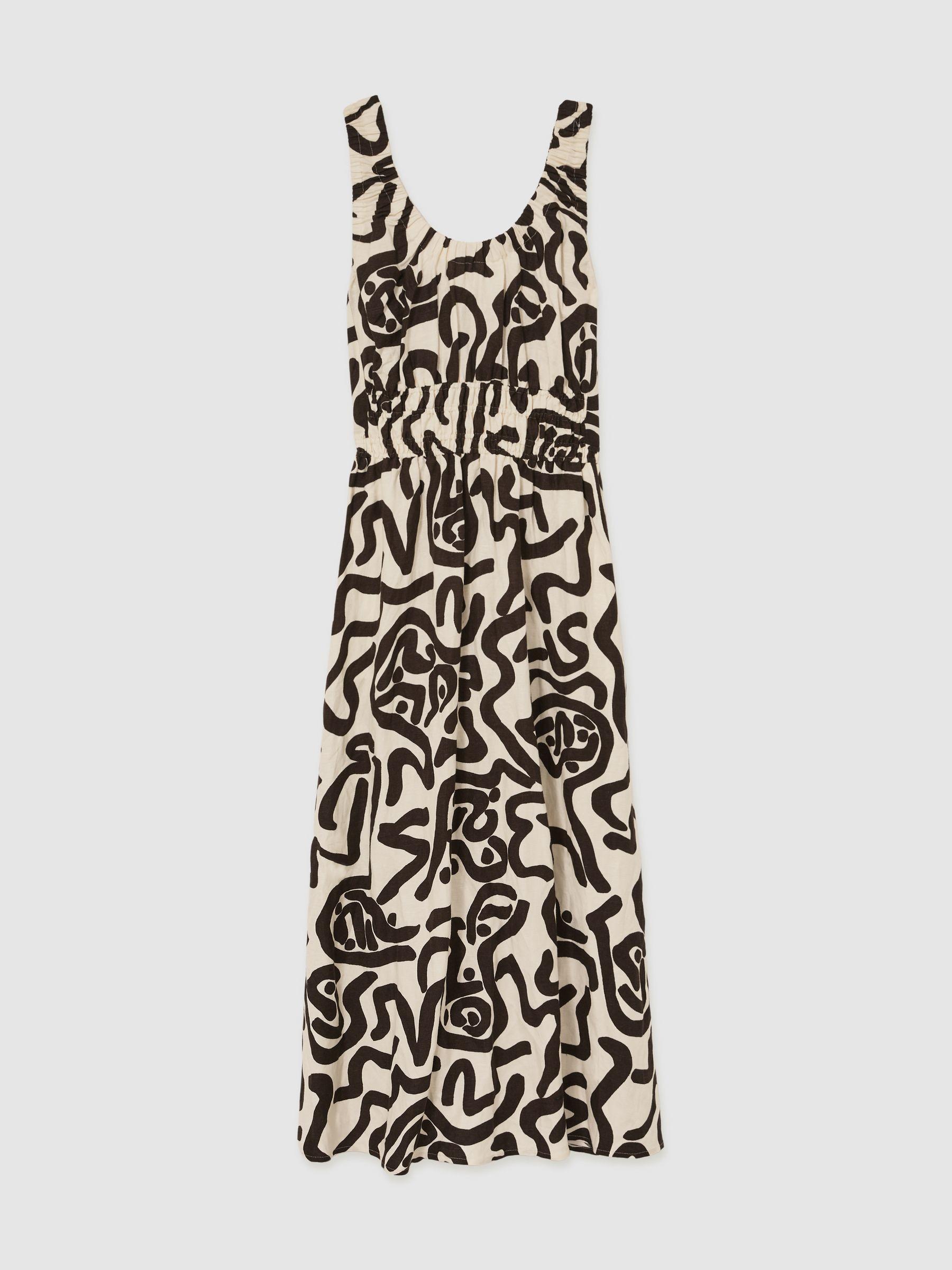 Linen-Blend Printed Shirred Midi Dress in Brown/Ivory Product Image