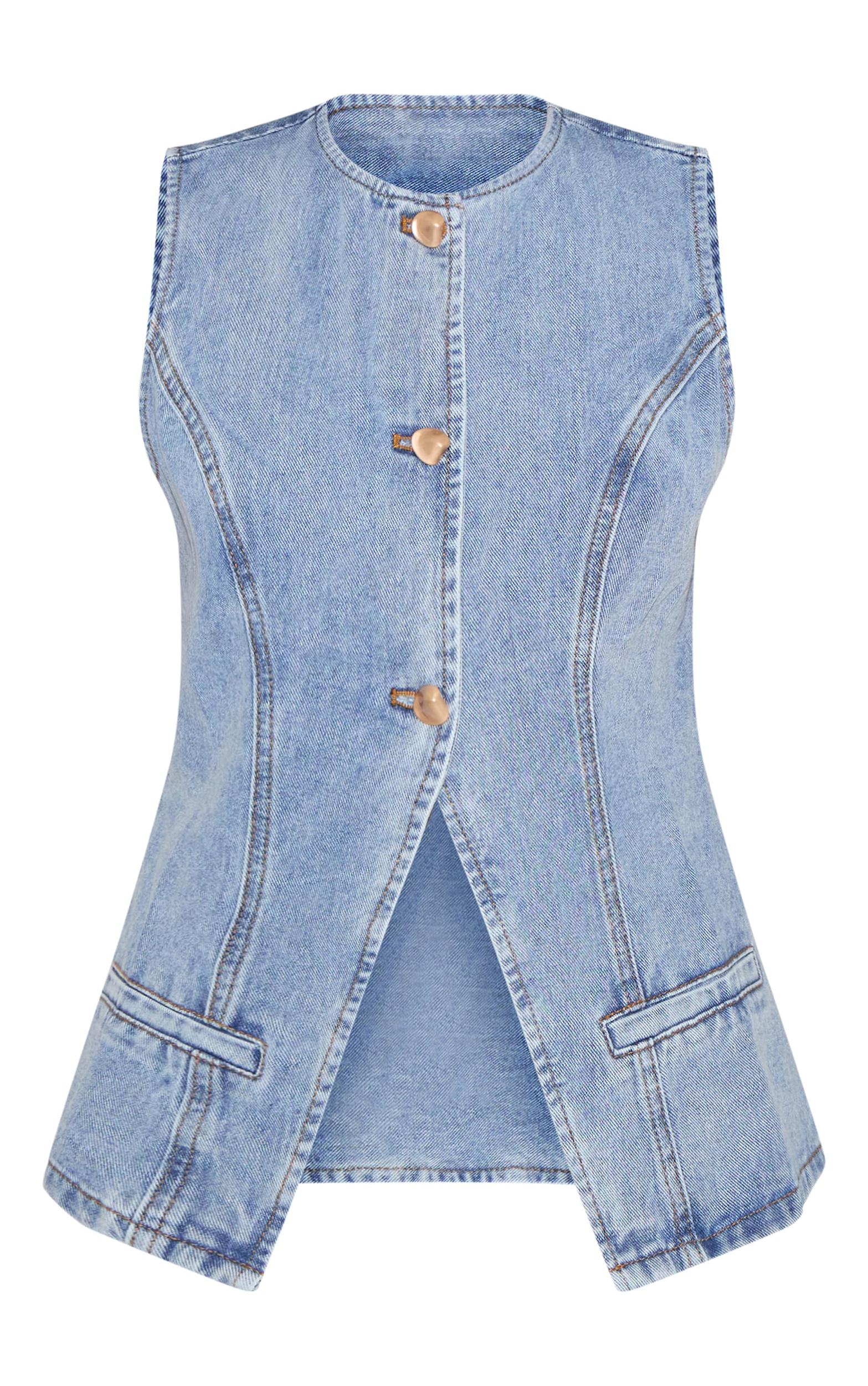  Petite Light Blue Wash Trim Detail Denim Vest Top Product Image