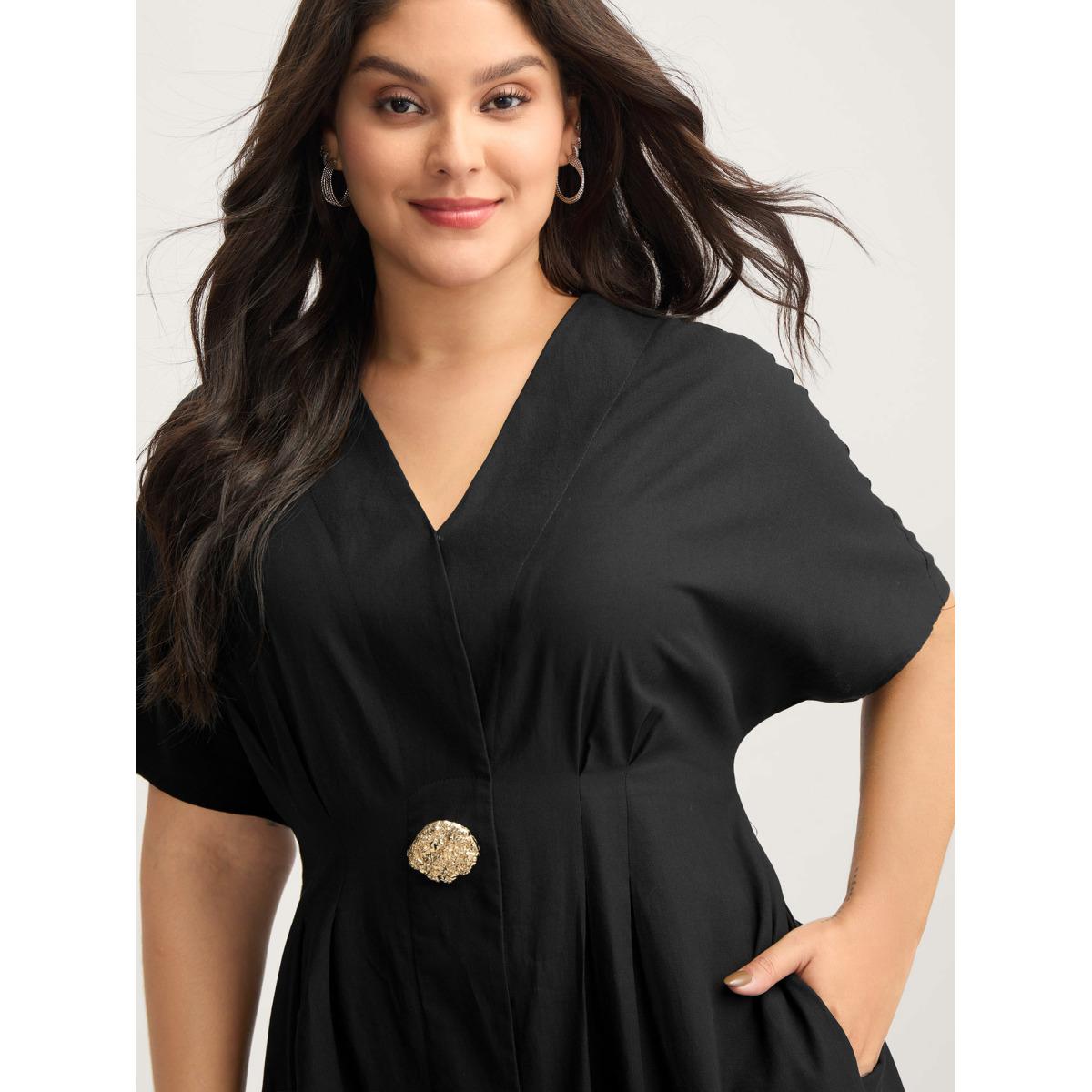 Plus Size Deep V-Neck Decorative Button Midi Dress Black Women Overlap Collar Short sleeve Curvy BloomChic 18-20/2X Product Image