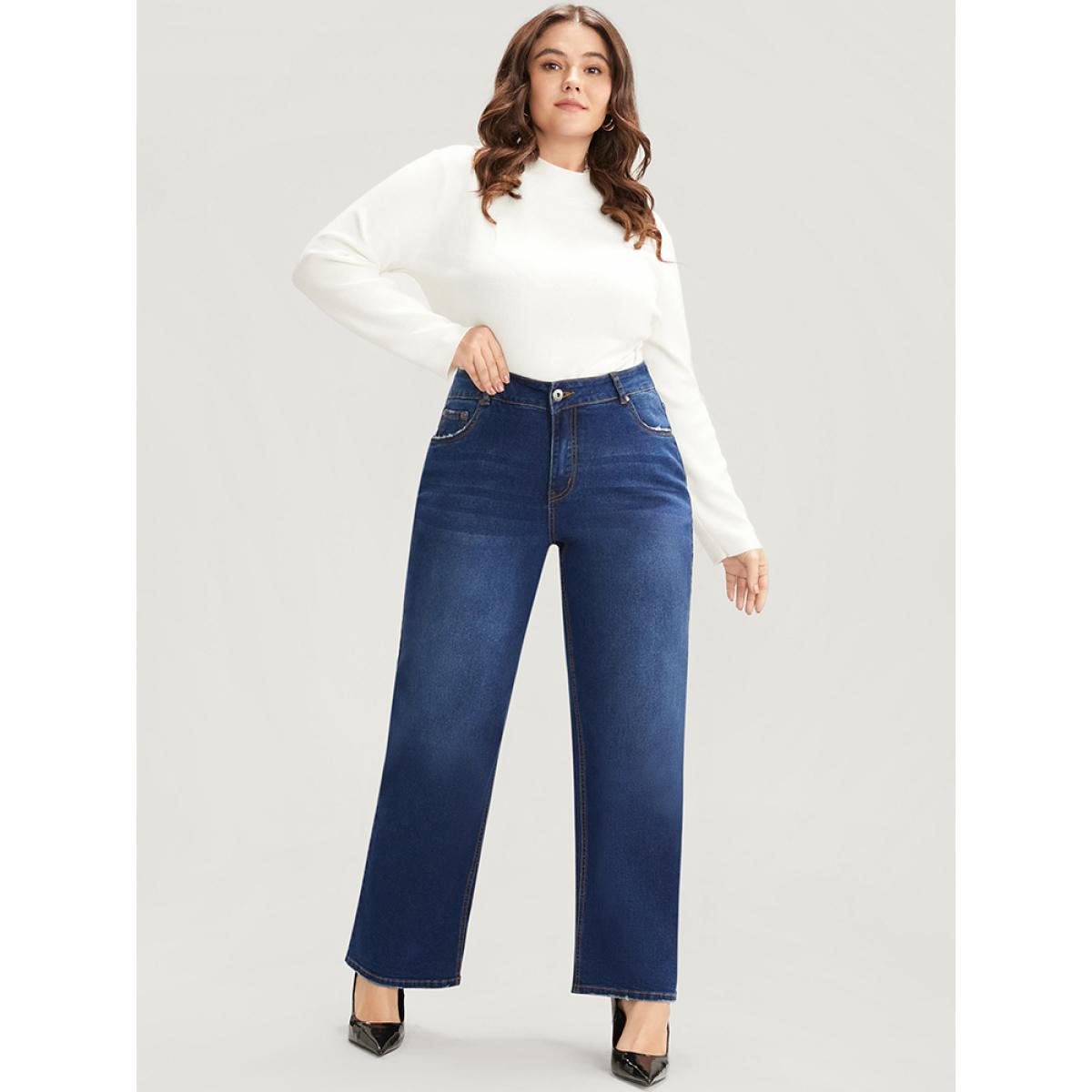 Plus Size Straight Slightly Stretchy High Rise Dark Wash Pocket Full Jeans Women DarkBlue Casual Plain Button Low stretch Pocket Jeans BloomChic 22/3X Product Image