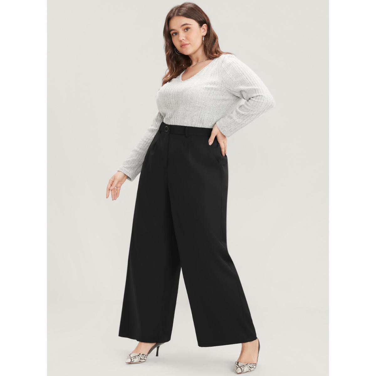 Plus Size Solid Pocket Elastic Waist Wide Leg Pants Women Black Casual Loose Mid Rise Dailywear Pants BloomChic 12/L Product Image