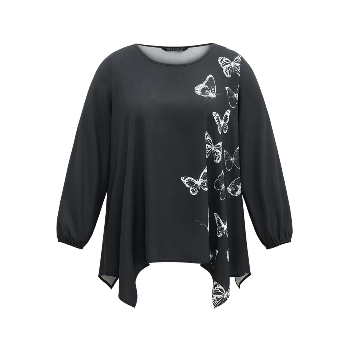 Plus Size Black Butterfly Crew Neck Lantern Sleeve Hanky Hem Blouse Women Elegant Long Sleeve Round Neck Office Blouses BloomChic 28/5X Product Image