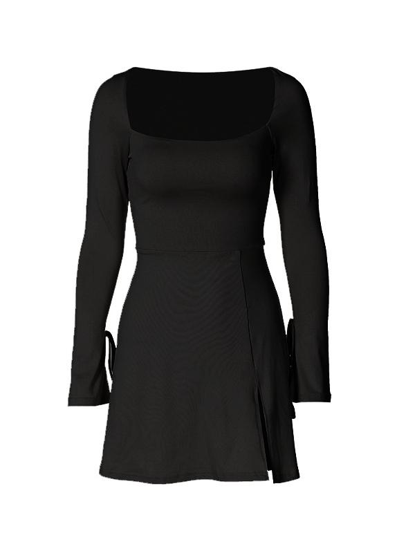 Solid Square Neck Trumpet Sleeve Split Mini Dress Product Image