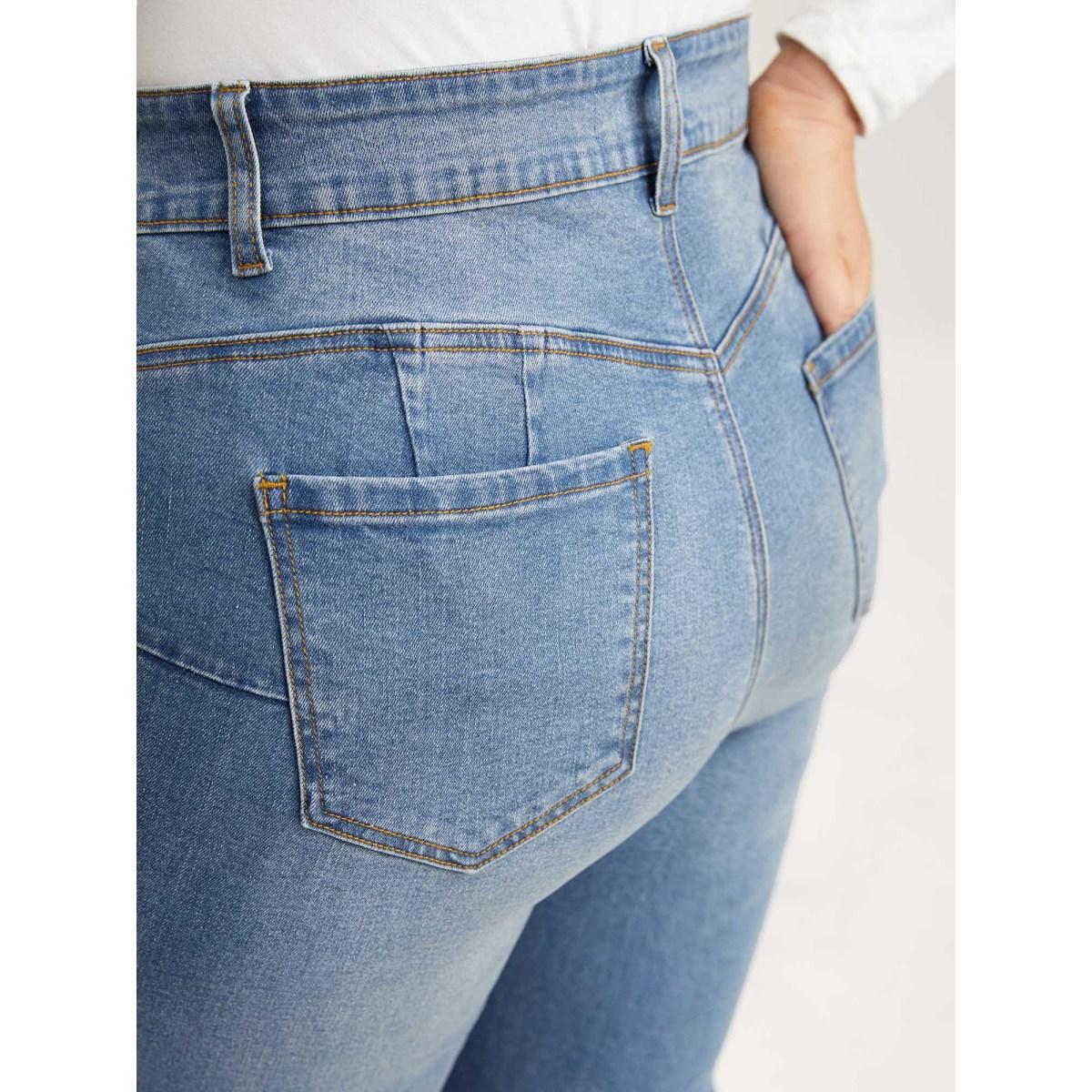 Plus Size Butt-Lift Bootcut Mid Rise Jeans Women Midblue Leisure High stretch Slanted pocket Jeans BloomChic 14/1X Product Image