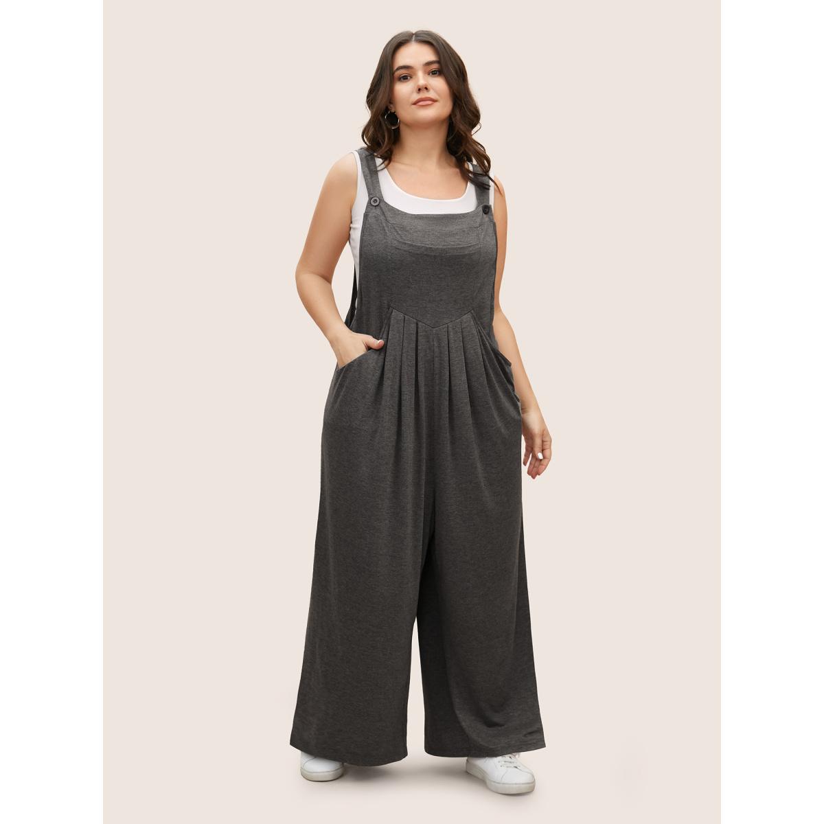 Plus Size DimGray Supersoft Essentials Solid Pleated Pocket Jumpsuit Women Casual Sleeveless Non Everyday Loose Jumpsuits BloomChic 30/6X Product Image