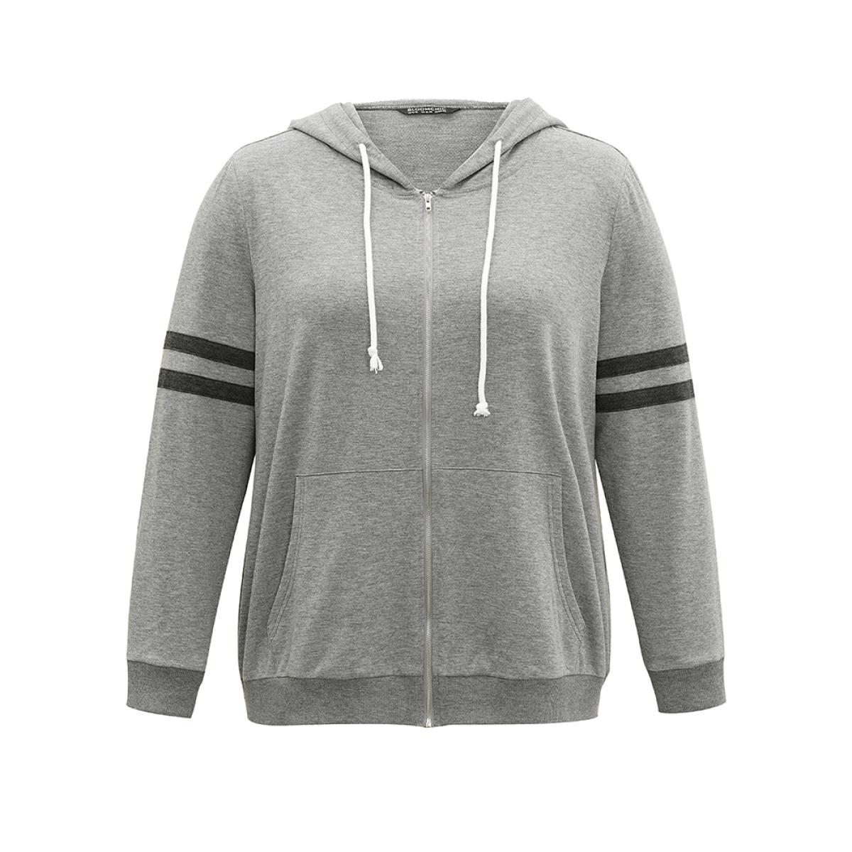 Plus Size Striped Hooded Pocket Zipper Fly Sweatshirt Women Gray Casual Elastic cuffs Hooded Dailywear Sweatshirts BloomChic 28/5X Product Image