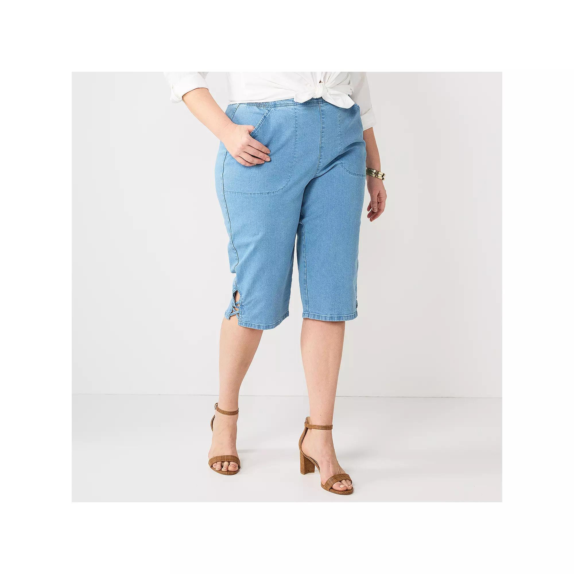 Plus Size Croft & Barrow® Lattice-Hem Pull-On Mid-Rise Skimmer Jeans, Women's, Size: 0X, Light Blue Product Image