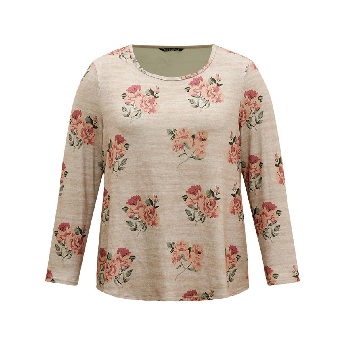 Plus Size Floral Print Crew Neck Heather T-shirt Tan Women Casual Printed Floral Round Neck Dailywear T-shirts BloomChic 10/M Product Image