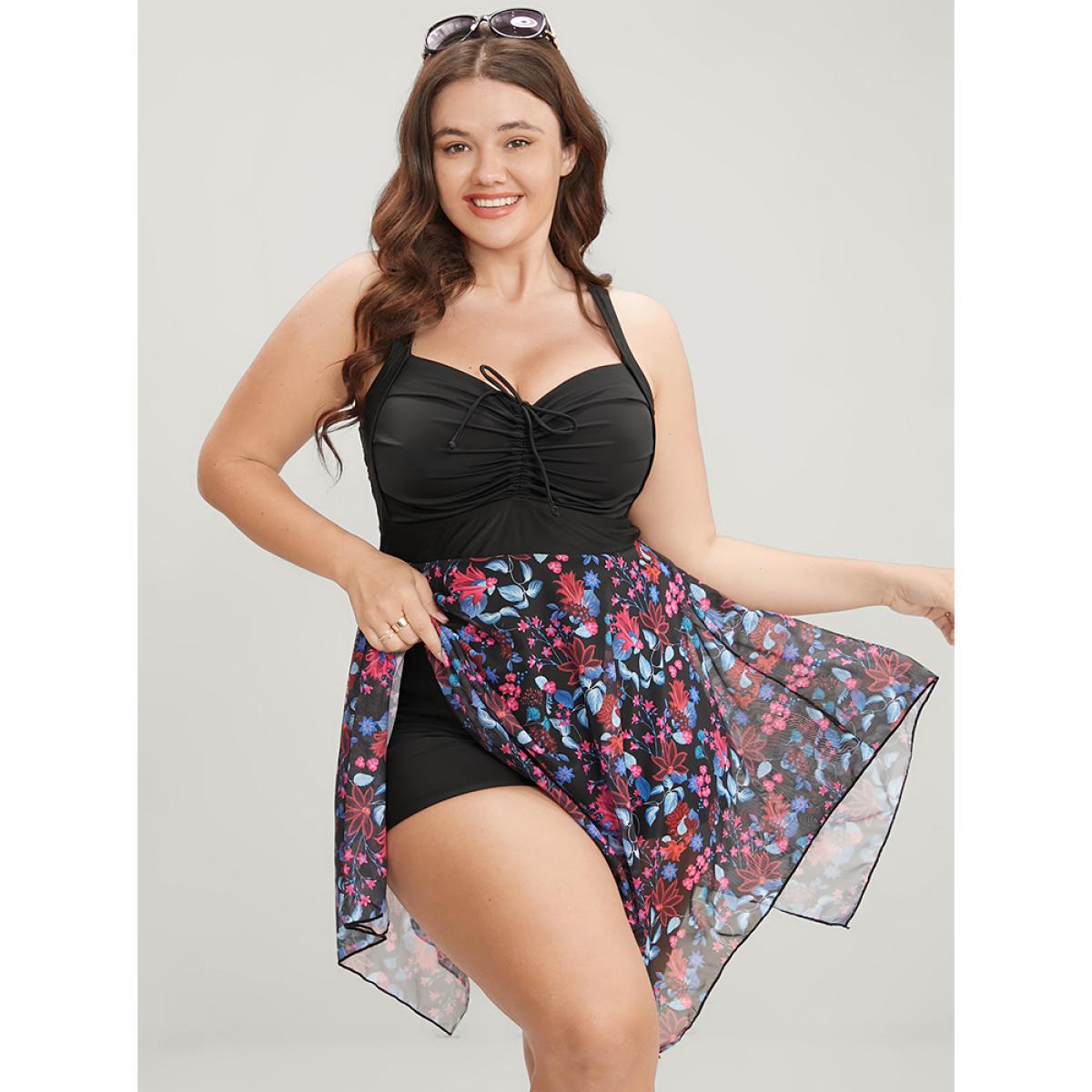 Mesh Adjustable Straps Plus Size Women Tropical Swim Dress Very Stretchy Bodycon Sleeveless V Neck Vacation Swim Dresses BloomChic Product Image