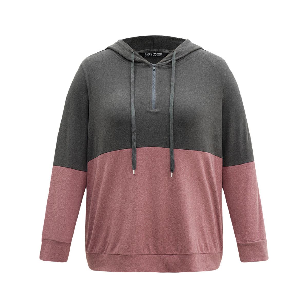 Plus Size Colorblock Contrast Half Zip Hooded Sweatshirt Women Scarlet Casual Contrast Hooded Dailywear Sweatshirts BloomChic 22-24/3X Product Image