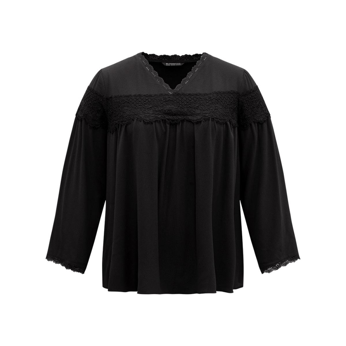 Plus Size Black V Neck Lace Panel Gathered Blouse Women Glamour Long Sleeve V-neck Going out Blouses BloomChic 28/5X Product Image
