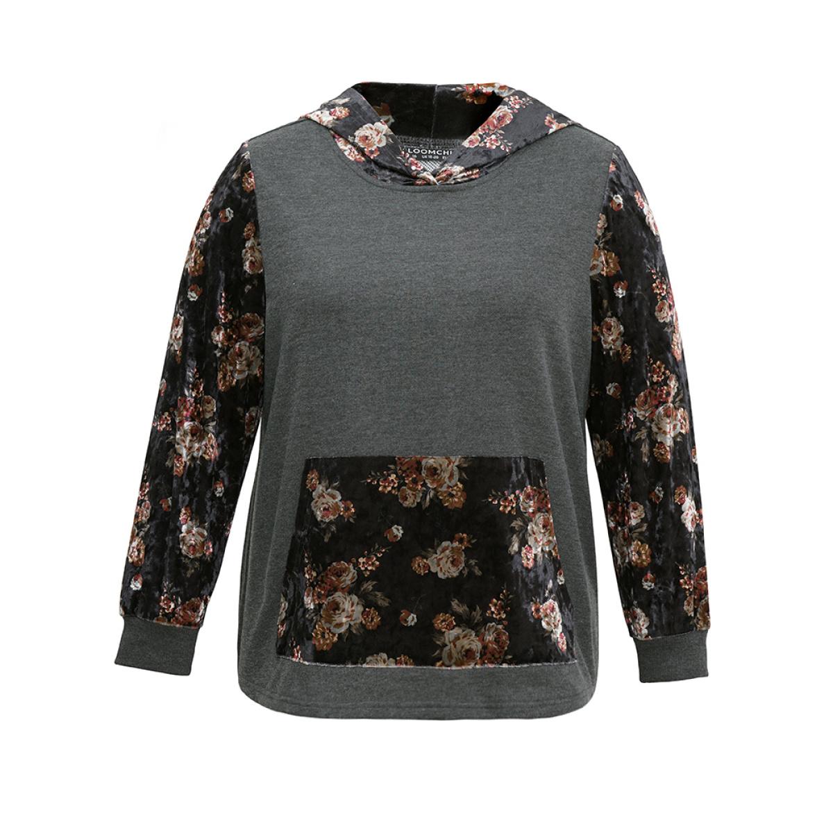 Plus Size Velvet Patchwork Floral Print Kangaroo Pocket Sweatshirt Women DimGray Elegant Velvet Hooded Dailywear Sweatshirts BloomChic 12/L Product Image