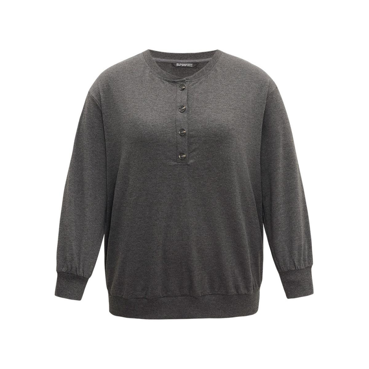 Plus Size Solid Button Through Elastic Cuffs Sweatshirt Women DimGray Casual Plain Open Front Dailywear Sweatshirts BloomChic 12/L Product Image