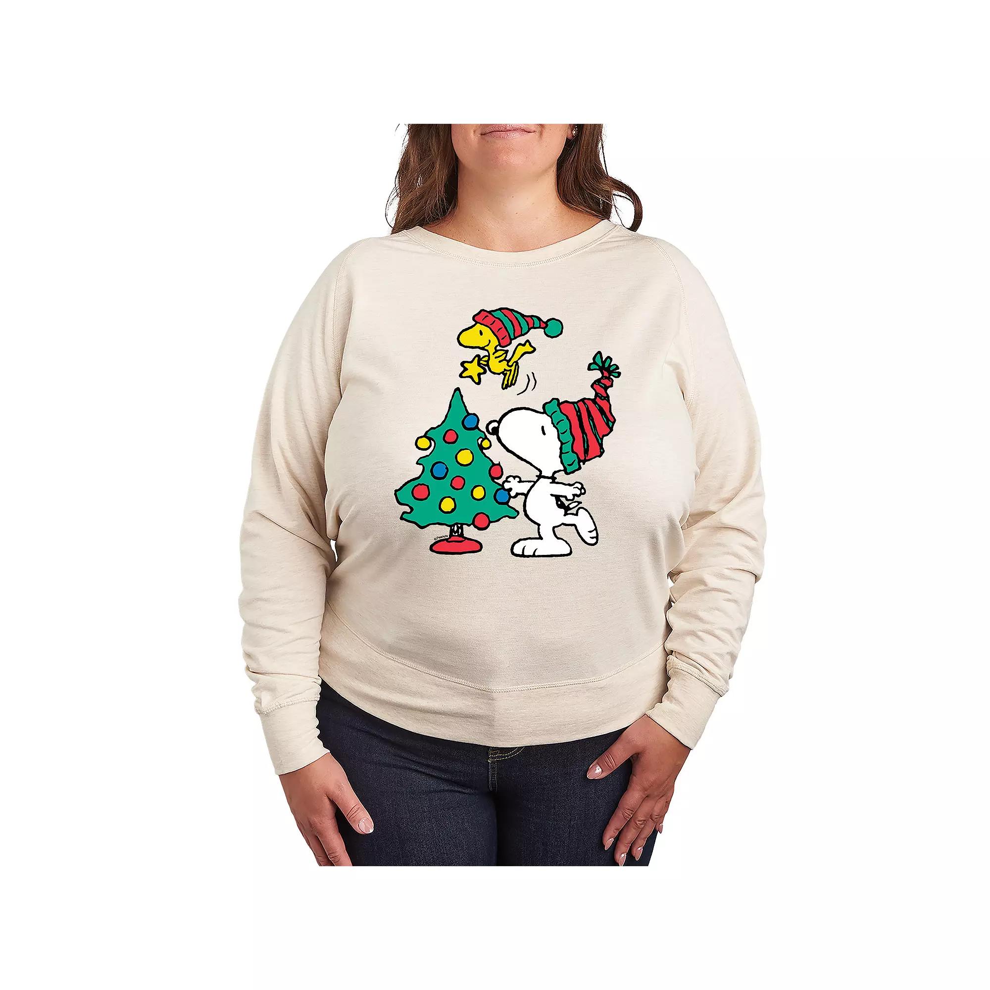 Women's Peanuts Snoopy & Woodstock Christmas Tree French Terry Long Sleeve Tee,  Product Image