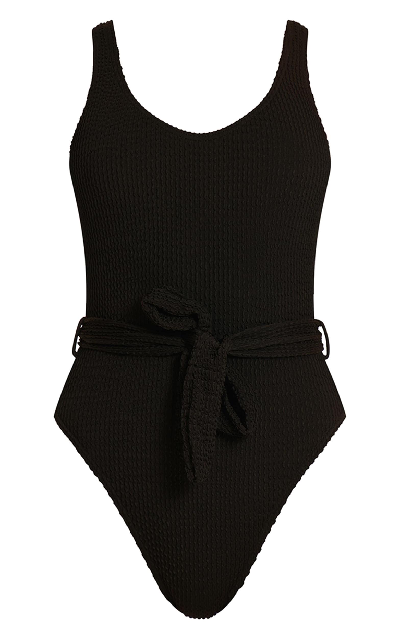 Black Crinkle Tie Waist Detail Swimsuit Product Image