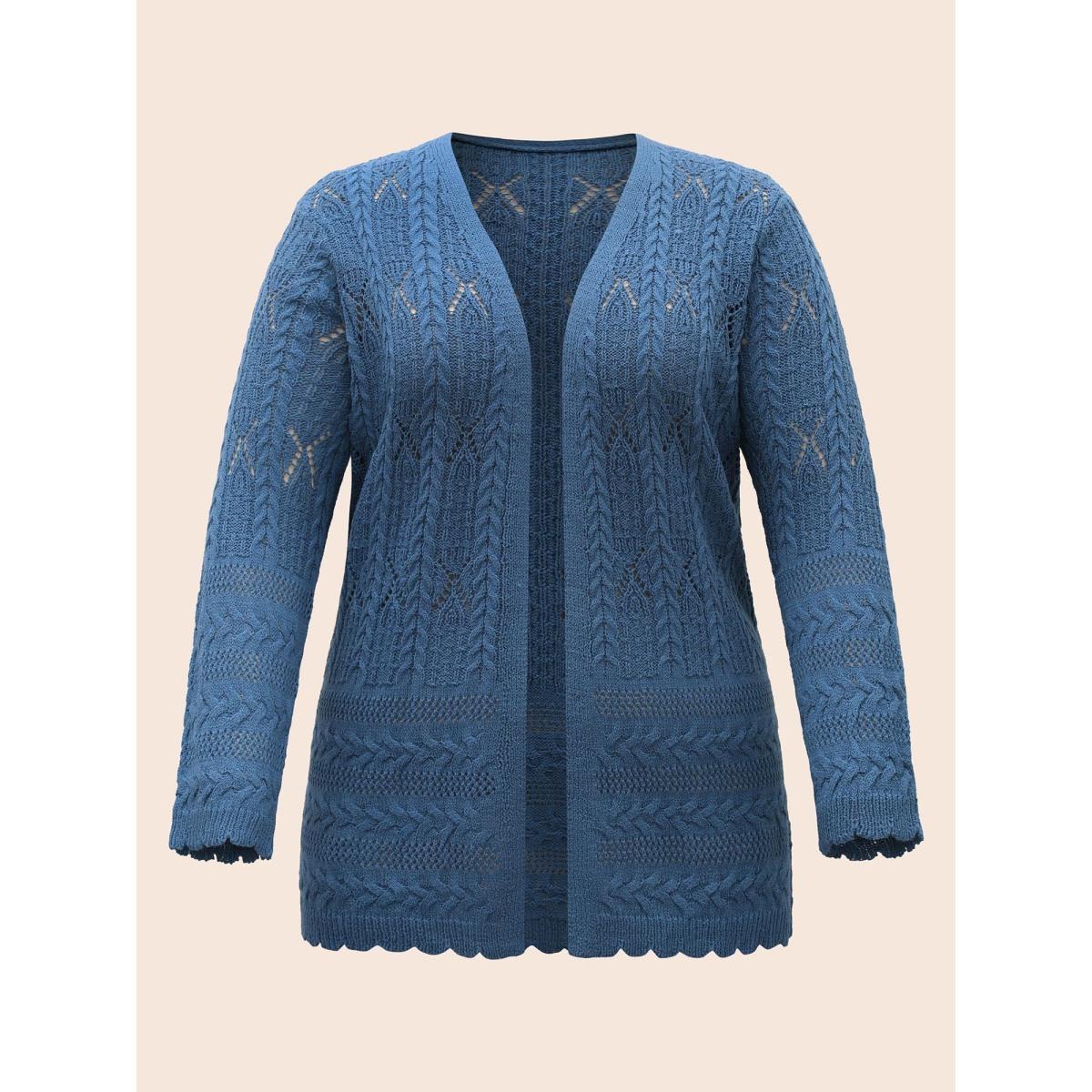 Plus Size Solid Scalloped Trim Cable Knit Cardigan Aegean Women Casual Loose Long Sleeve Everyday Cardigans BloomChic 26/4X Product Image