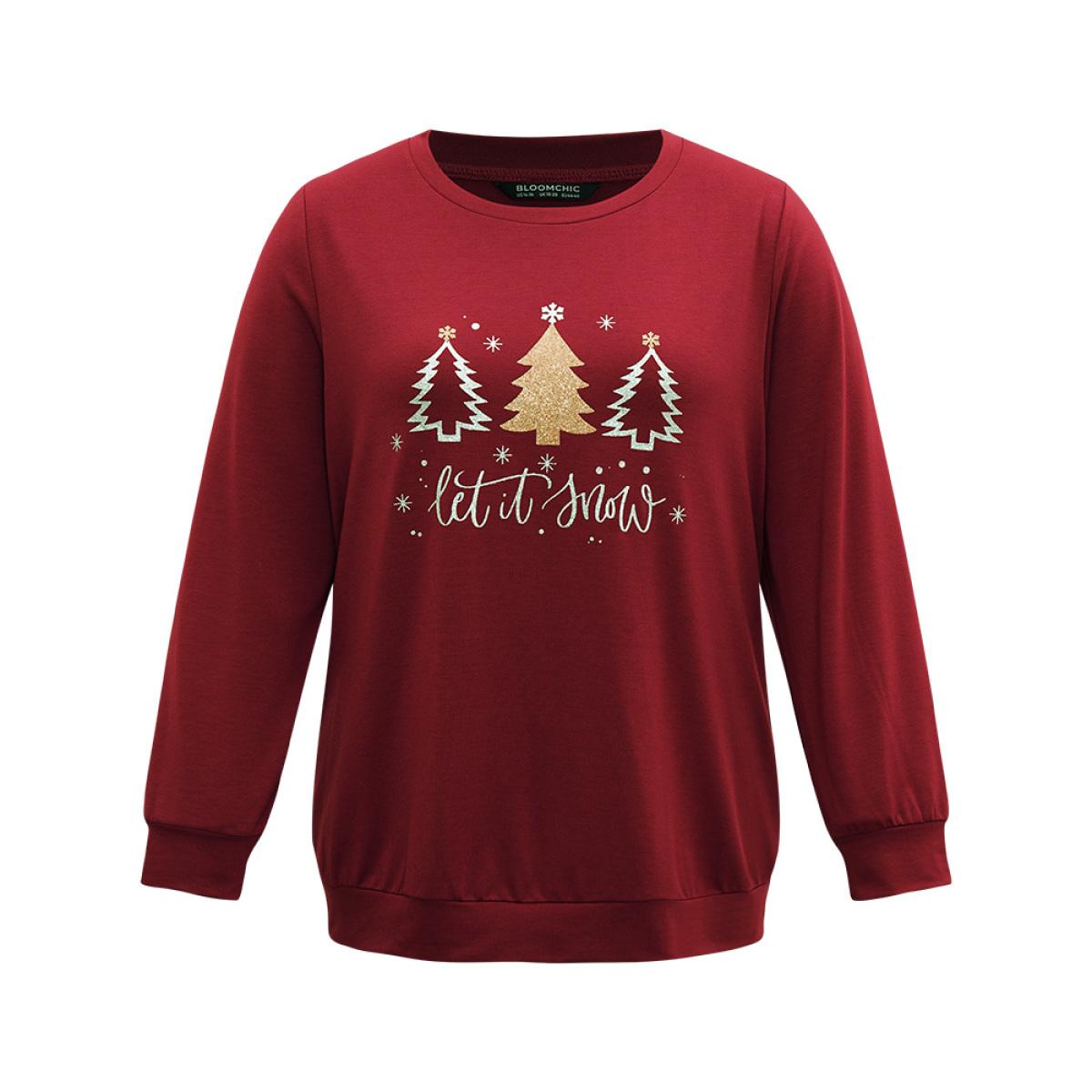 Plus Size Christmas Trees Round Neck Sweatshirt Women Raspberry Casual Printed Festival-Christmas Sweatshirts BloomChic 28/5X Product Image