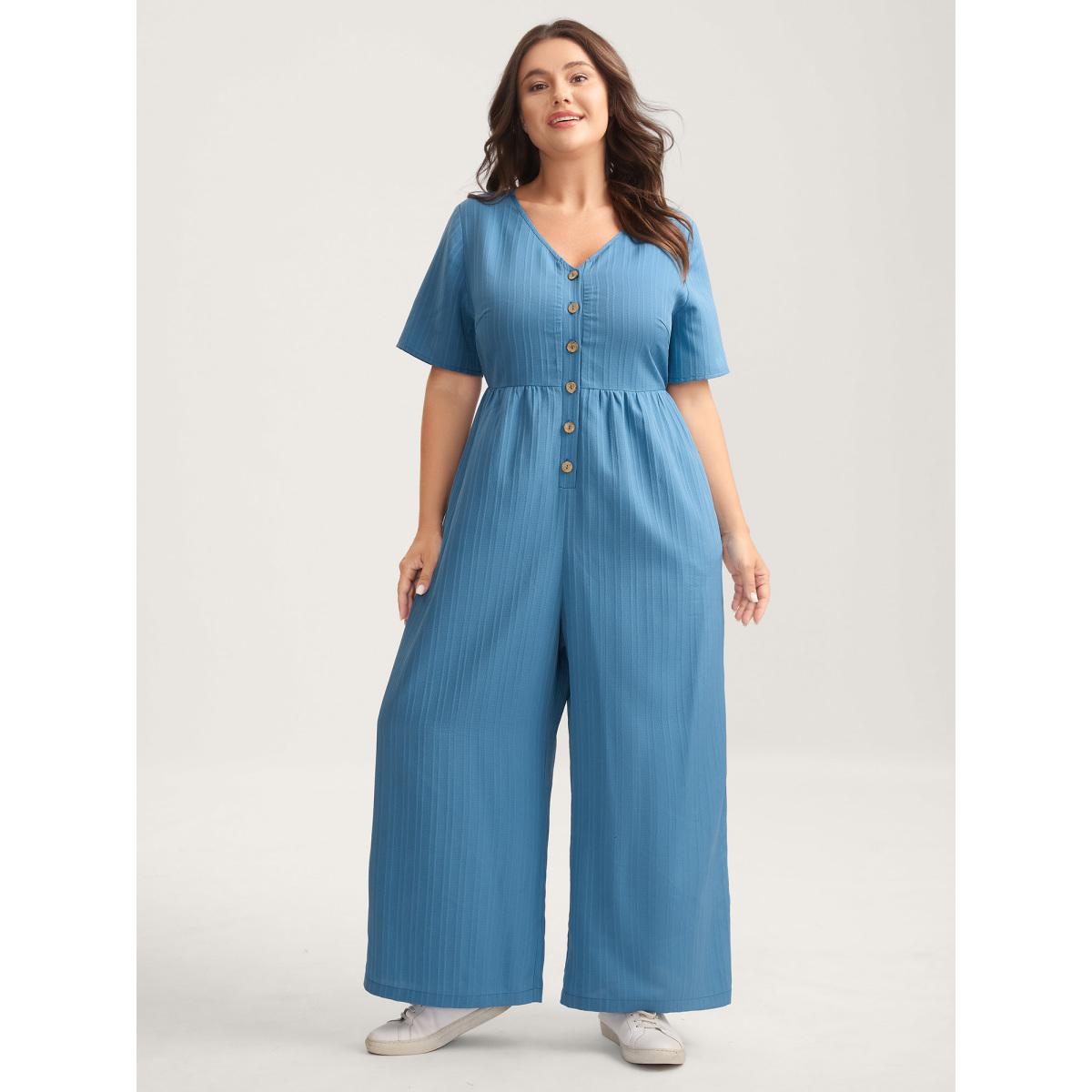 Plus Size DarkBlue Button Detail High Waisted Solid Jumpsuit Women Short sleeve V-neck Everyday-Casual Loose Jumpsuits BloomChic 10/M Product Image