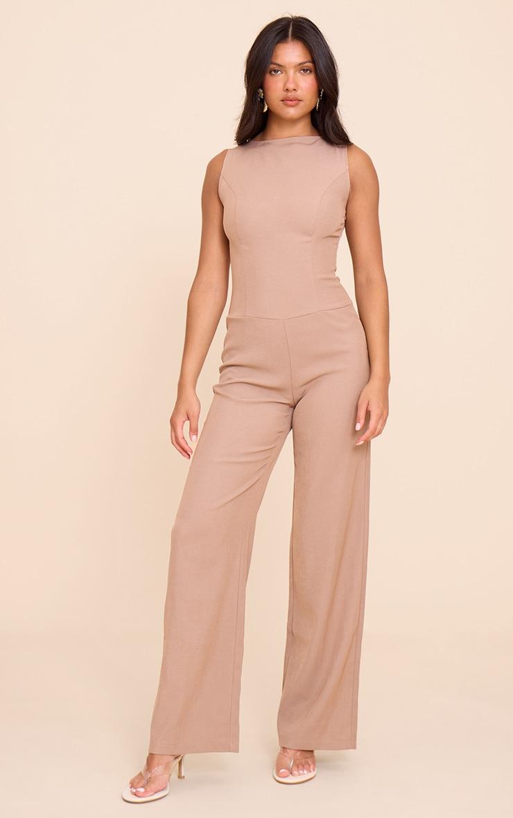 Mushroom Structured Woven Open Back Detail Straight Leg Jumpsuit Product Image