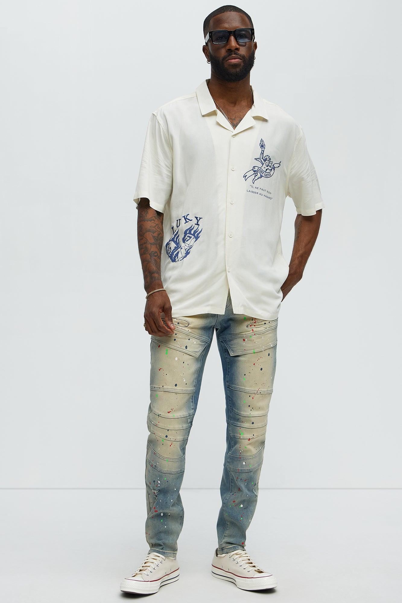 Embroidered Doodle Rayon Shirt - Cream Male Product Image