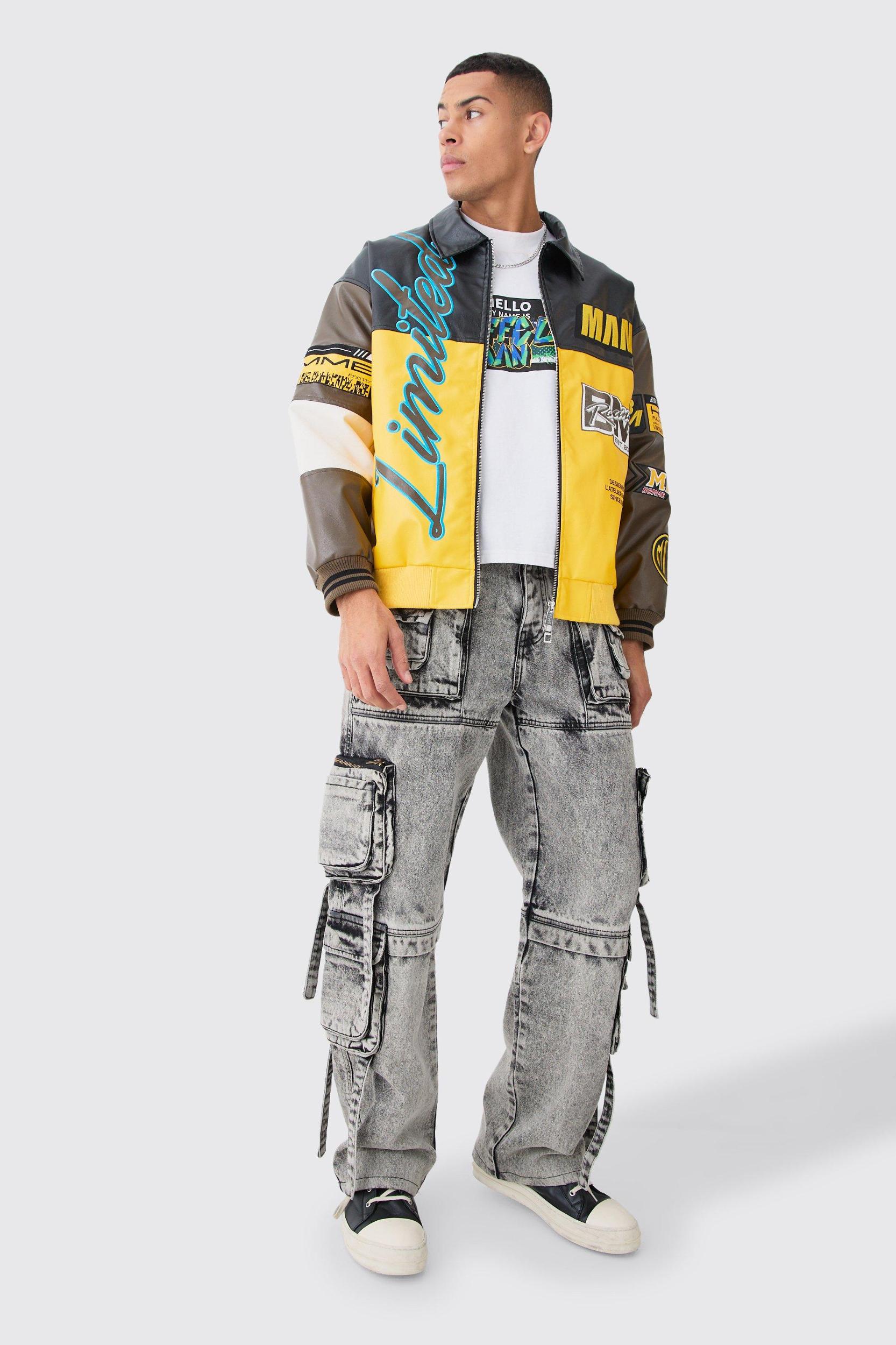 Baggy Rigid Multi Cargo Pocket Strap Detail Acid Wash Jeans | boohooMAN USA Product Image