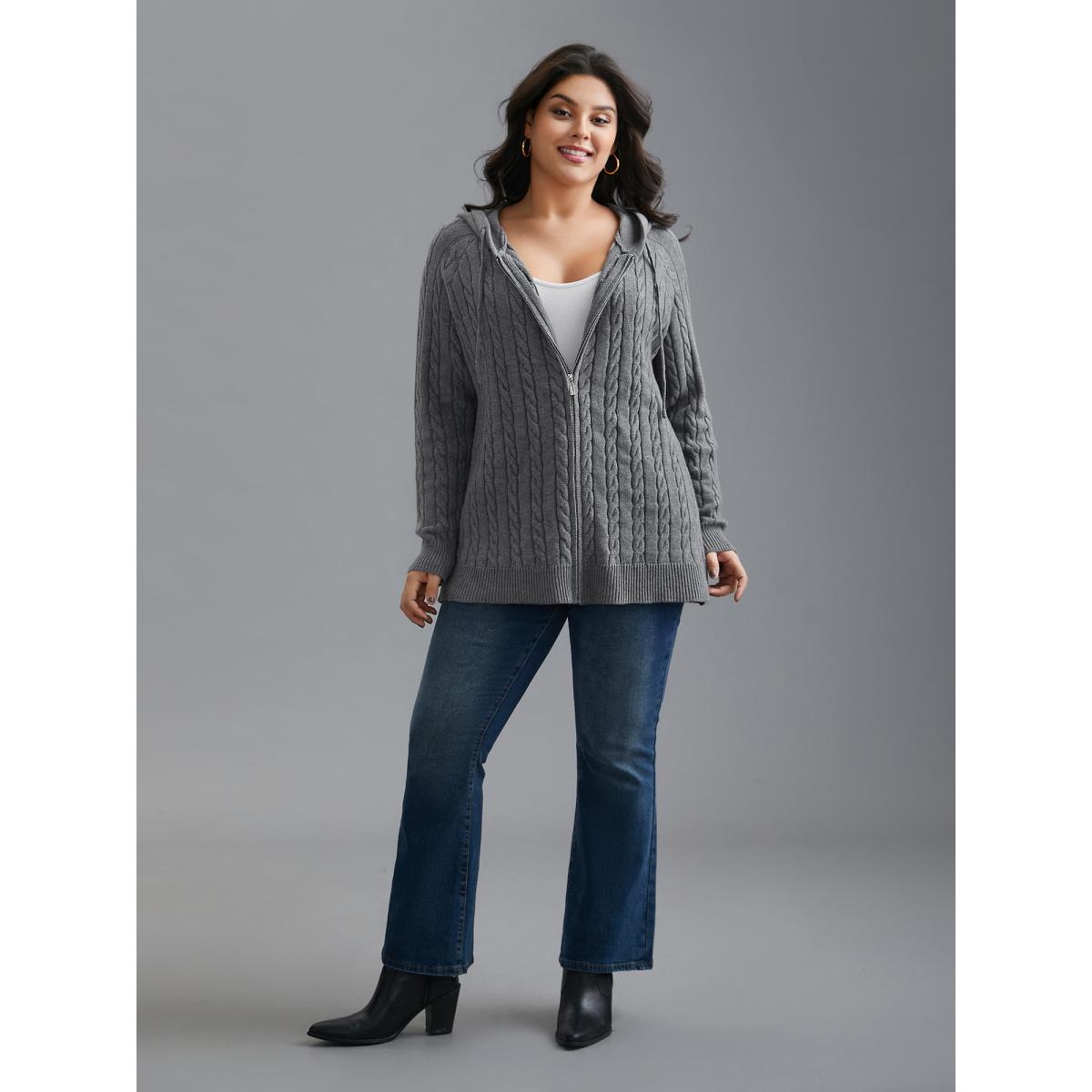 Plus Size Cable Knit Hooded Zipper Cardigan DimGray Women Leisure Loose Long Sleeve Casual Cardigans BloomChic 22-24/3X Product Image