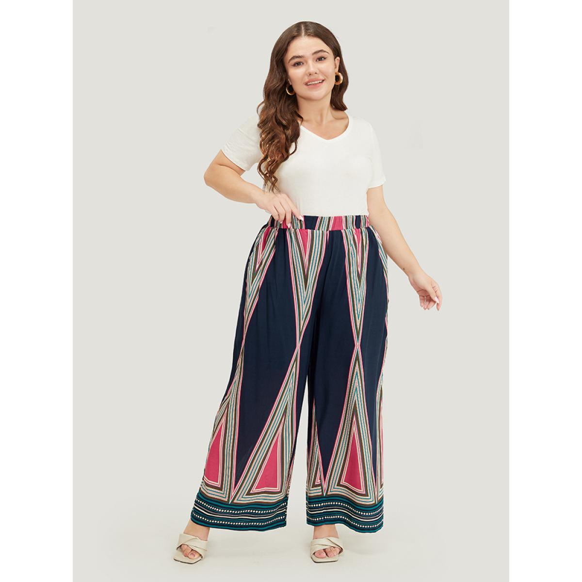 Plus Size Geometric Print Pocket Wide Leg Pants Women Indigo Vacation Loose High Rise Dailywear Pants BloomChic 22-24/3X Product Image