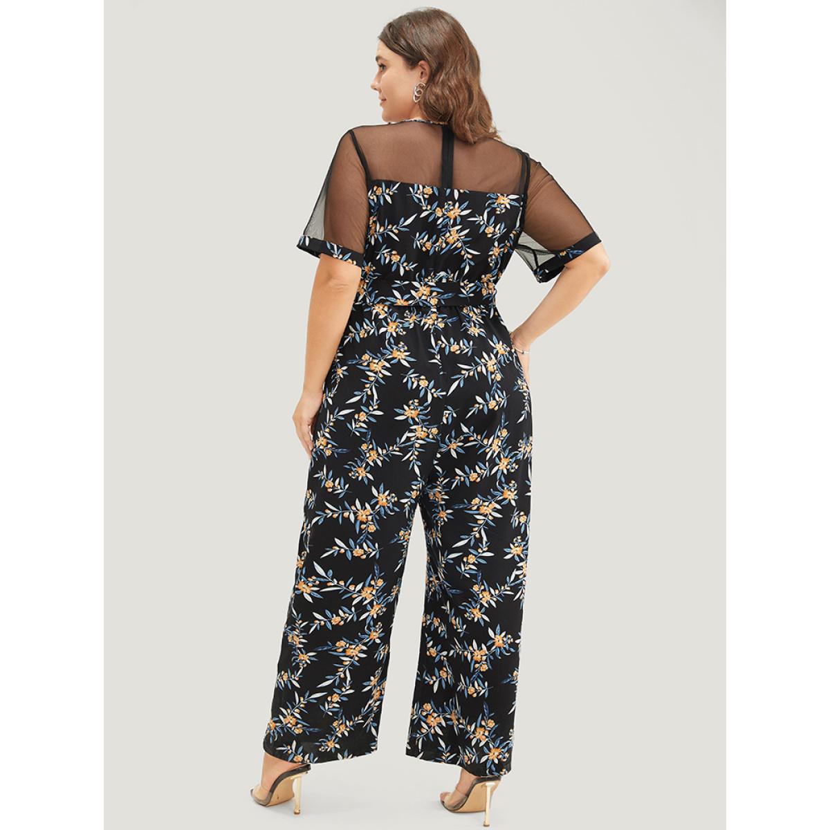 Plus Size Black Floral Mesh Patchwork Crew Neck Pocket Belted Jumpsuit Women Elegant Short sleeve Round Neck Dailywear Loose Jumpsuits BloomChic 22-24/3X Product Image