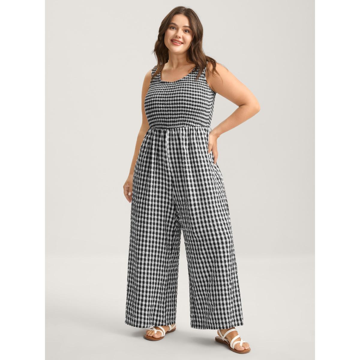 Plus Size Black Gingham Print Shirred Straight-Leg Jumpsuit Women Leisure Sleeveless U-neck Casual Loose Jumpsuits BloomChic 18-20/2X Product Image