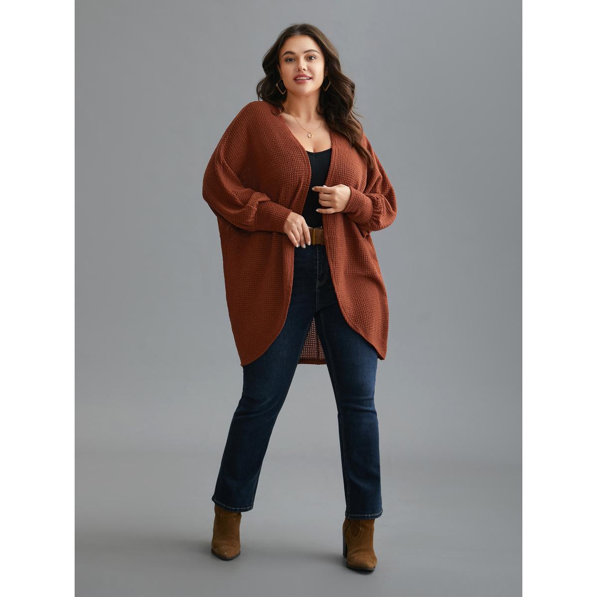 Plus Size Textured Curved Hem Lantern Sleeve Cardigan Women Russet Casual Texture Loose Everyday Kimonos BloomChic 18-20/2X Product Image