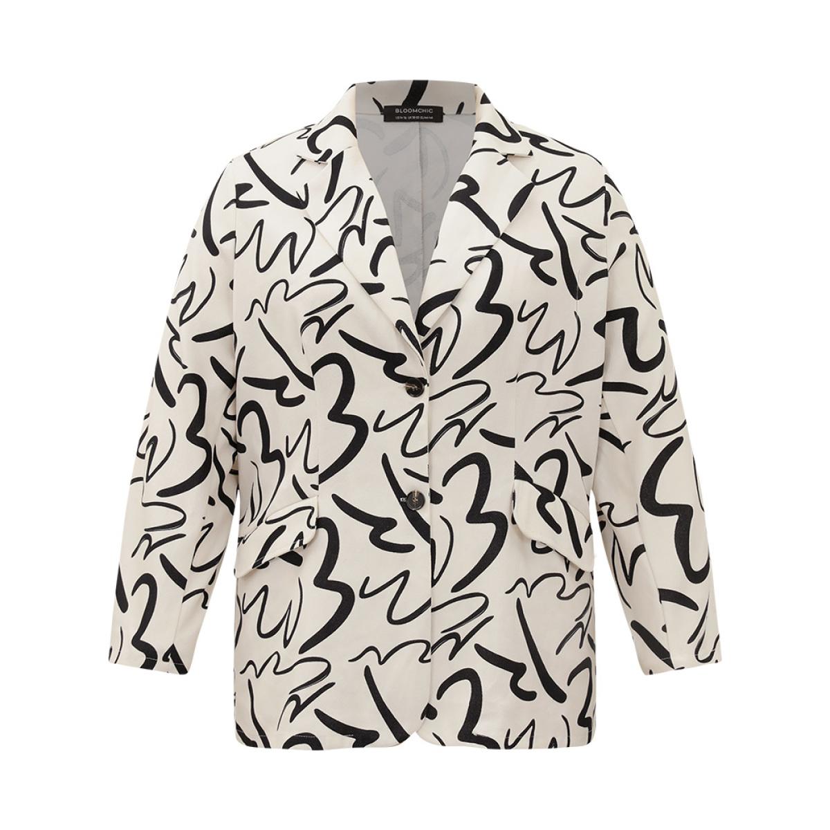 Plus Size Line Print Suit Collar Pocket Button Through Blazer Ivory Women Dailywear Geometric Button Sleeve Long Sleeve Suit Collar 10/M Pocket Office Blazers BloomChic Product Image
