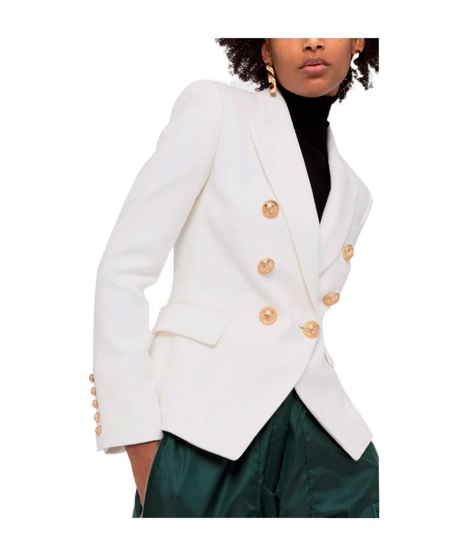 BALMAIN Double-breasted Structured Denim Blazer With Peak Lapel In White Product Image